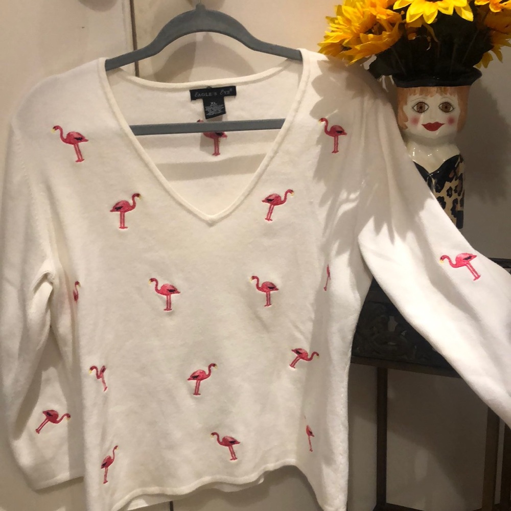 Eddie Bauer White V-Neck Sweater with Pink Flamingo Motif